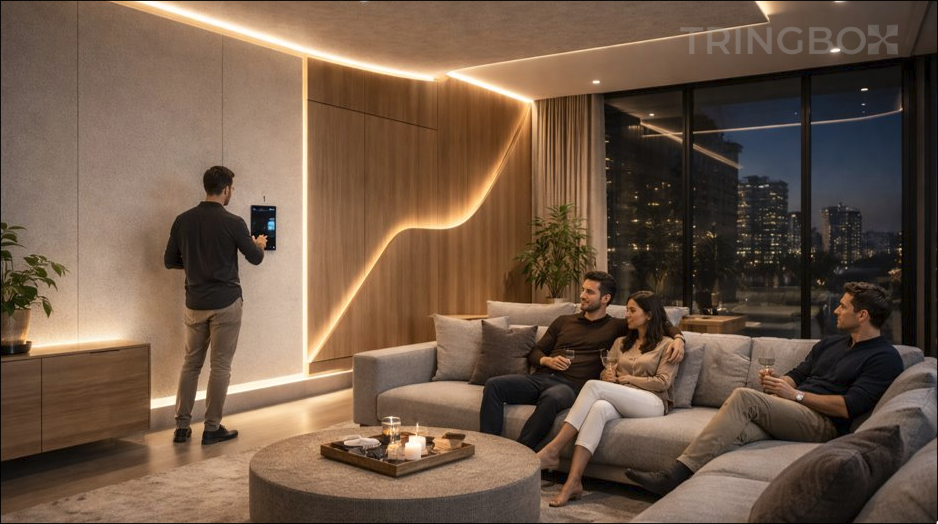 A beautifully designed, modern minimalist commercial interior with sleek acoustic panels integrated seamlessly into the ceiling architecture.