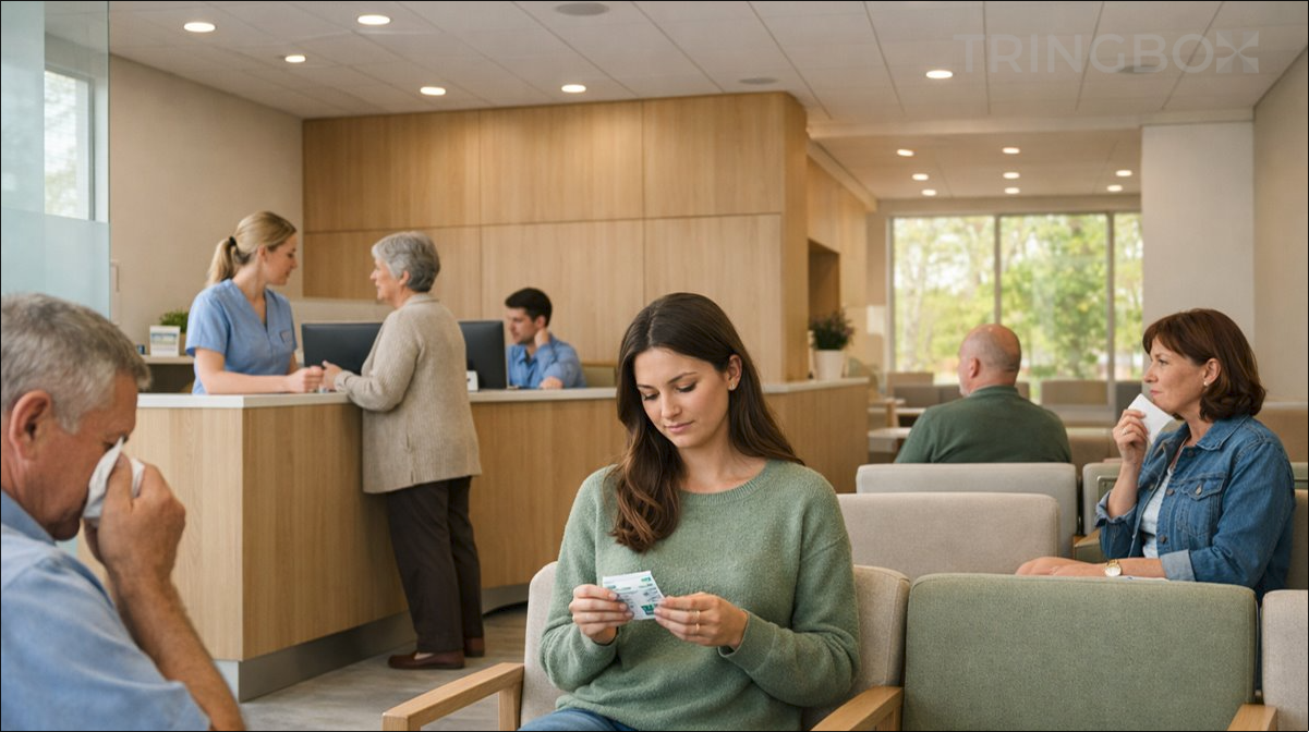 A modern, minimalist clinic waiting room with soft lighting, indoor plants, and a sense of calm privacy.