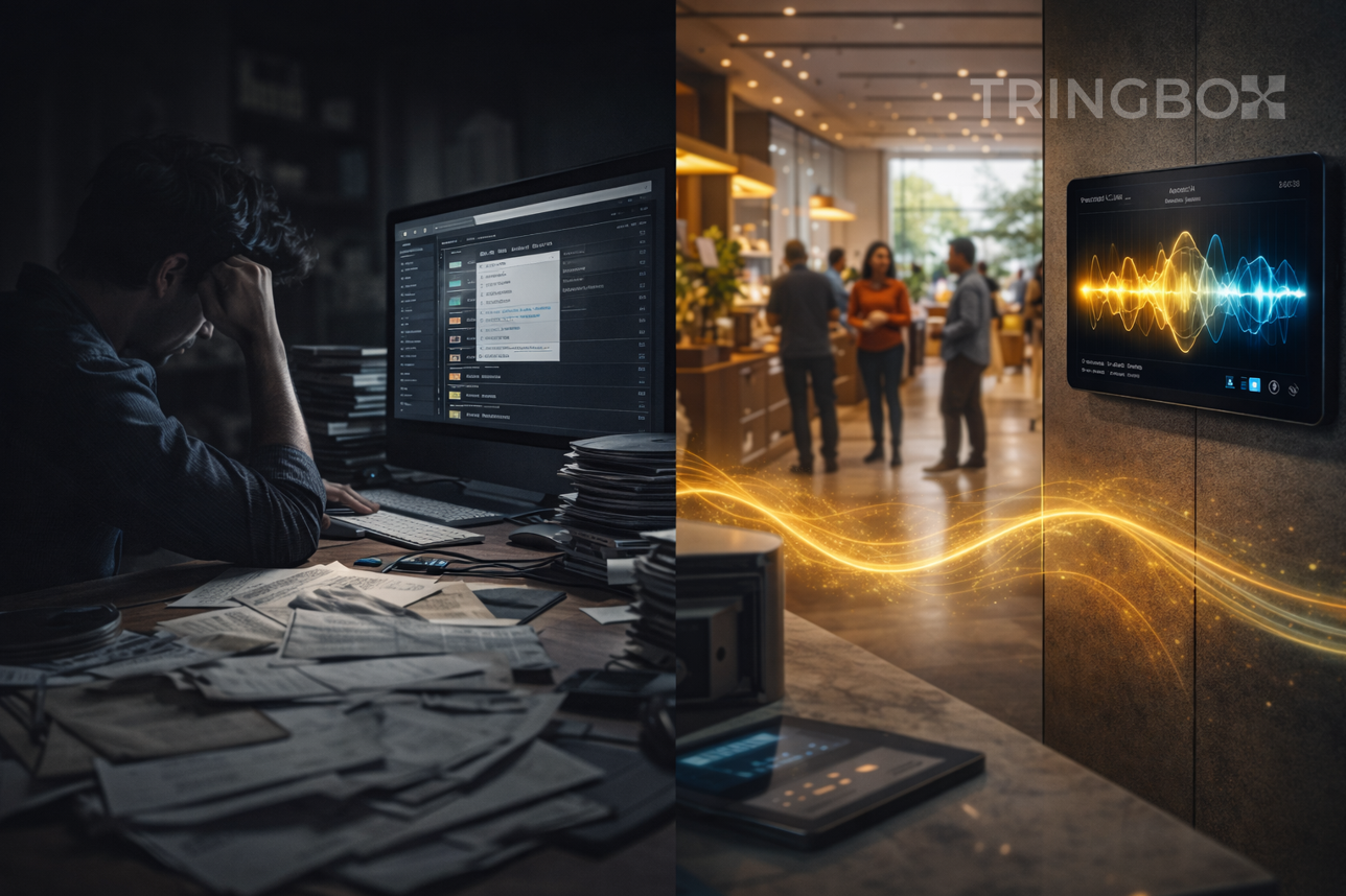 A high-tech visualization of a retail store where glowing golden sound waves lead customers toward products.