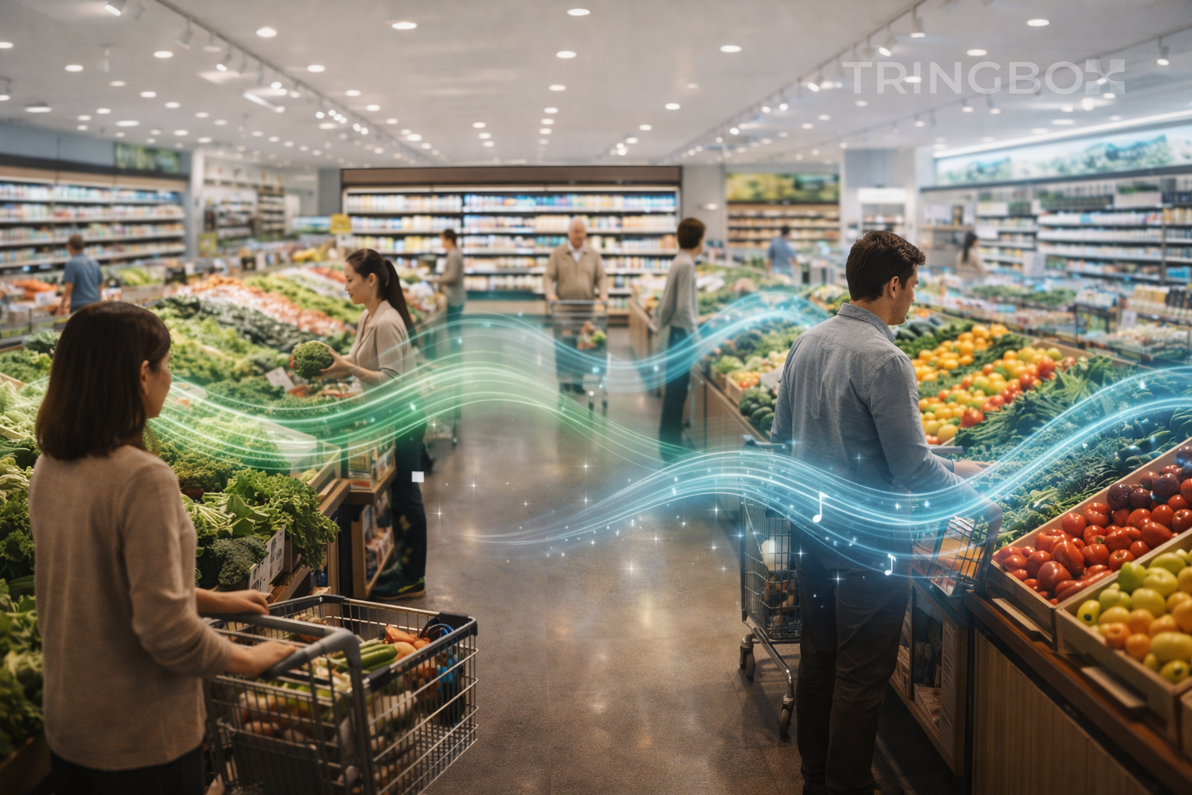 Modern supermarket using Tringbox AI powered ambient sound and sound effects to create a calm premium shopping experience