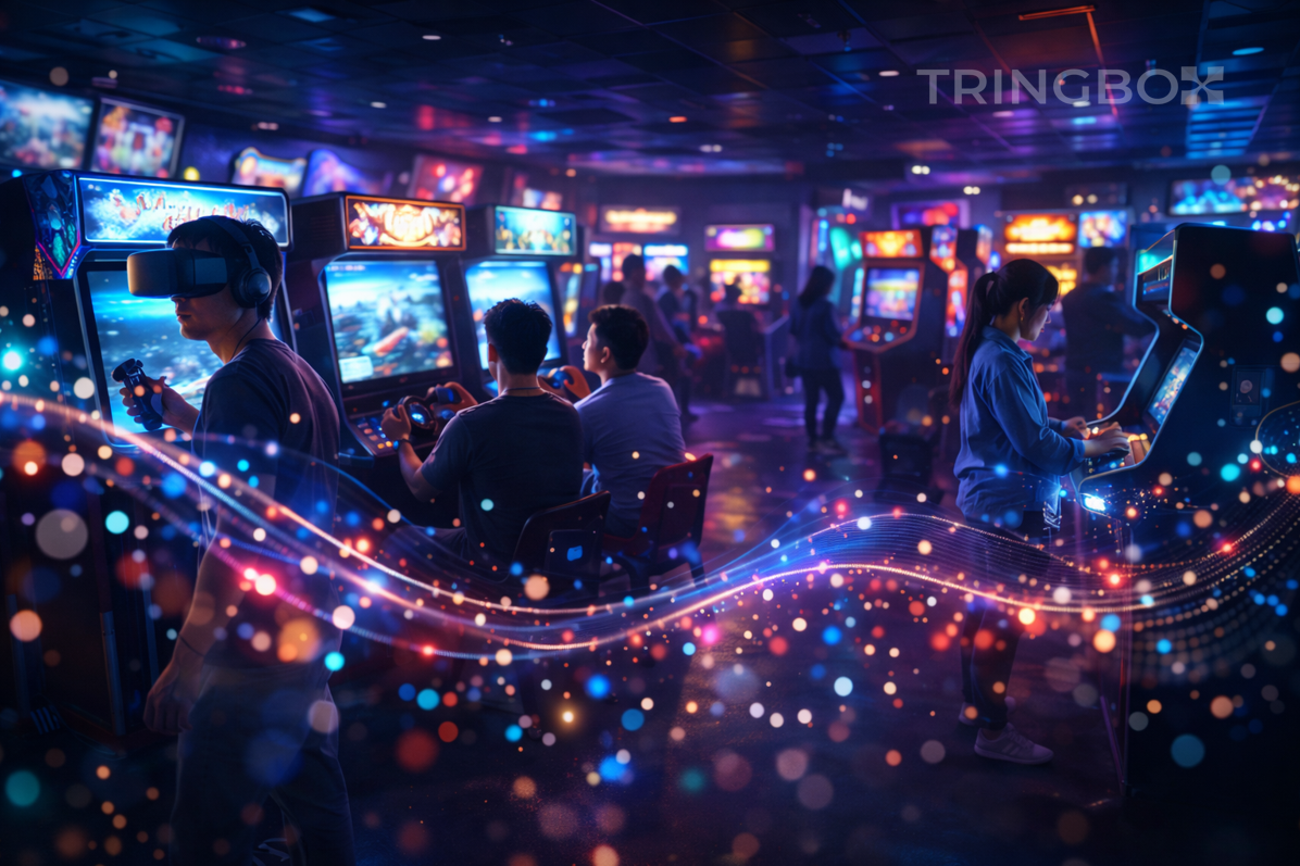 Modern gaming arcade using Tringbox AI powered sound effects and ambient audio to create an immersive high energy experience
