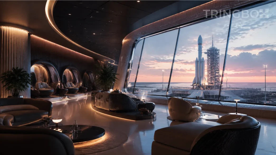 A futuristic commercial spaceport departure lounge featuring panoramic floor-to-ceiling glass windows overlooking a launchpad, unified by a soothing, AI-managed acoustic layer.