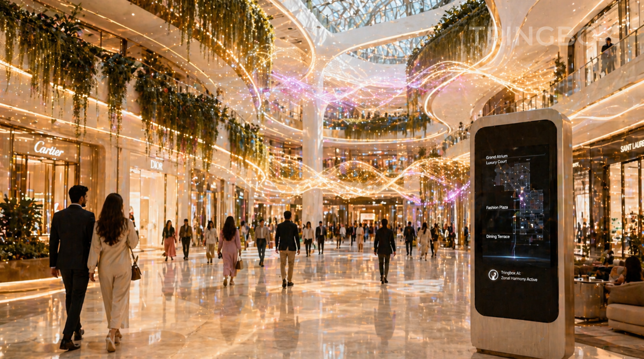 A sweeping view of a 2026 luxury mall atrium in Mumbai where shimmering AI sound waves visually represent the 'zonal audio' management of Tringbox.