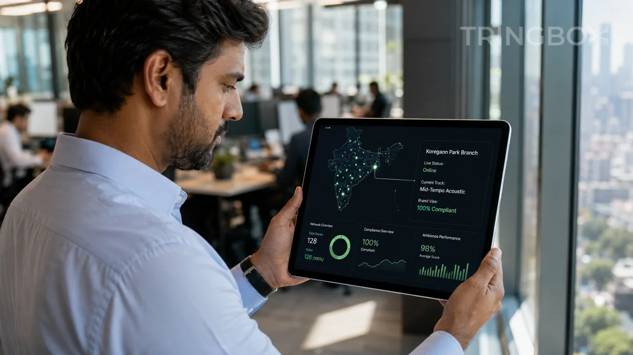An operations manager looking at a tablet displaying a live map of store locations, verifying the music status and energy levels across a nationwide retail chain.