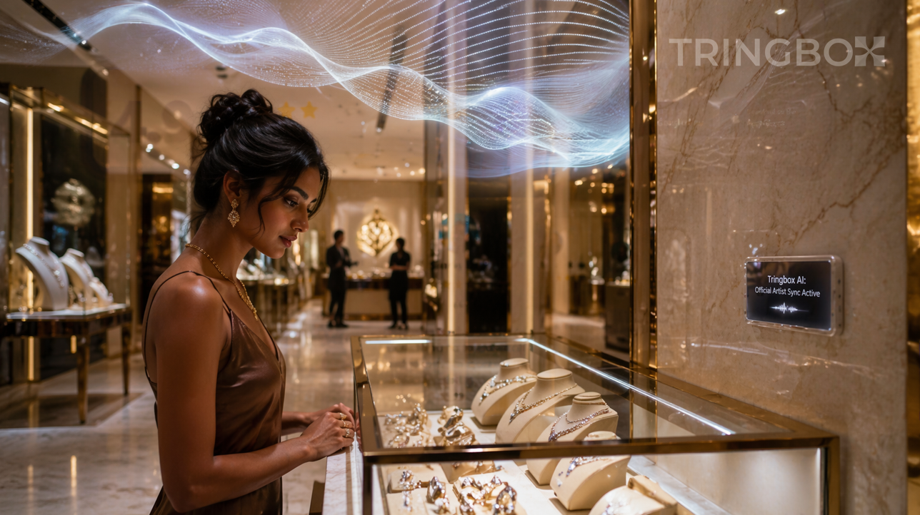 A modern jewelry showroom where a Tringbox AI interface is visualizing a 'Brand Sync' between the luxury products and the licensed music tracks.