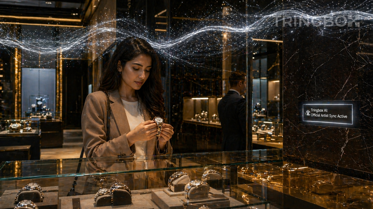 A modern jewelry showroom where a Tringbox AI interface is visualizing a 'Brand Sync' between luxury products and officially licensed music tracks.
