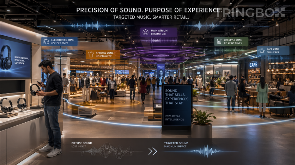 A modern, multi-zoned retail space utilizing targeted audio strategies for different departments.