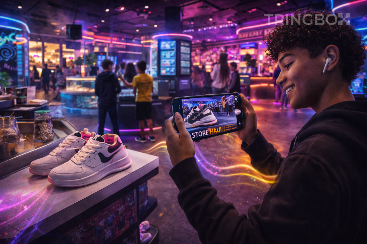Young, tech-savvy Gen Alpha shoppers in a vibrant, neon-lit retail store, showing an immersive, audio-responsive environment managed by Tringbox.