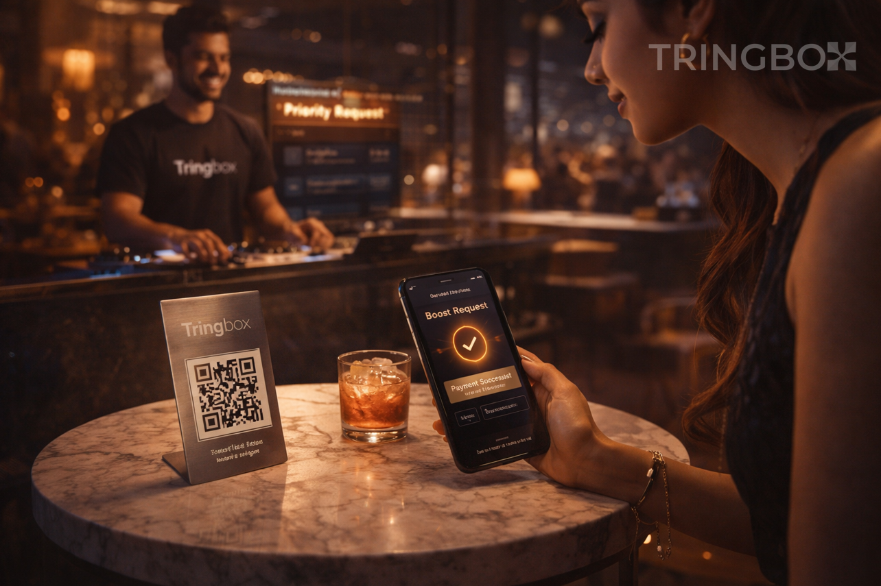 A trendy customer in a 2026 lounge scanning a Tringbox QR code to place a premium paid song request, with a DJ in a Tringbox t-shirt in the background.