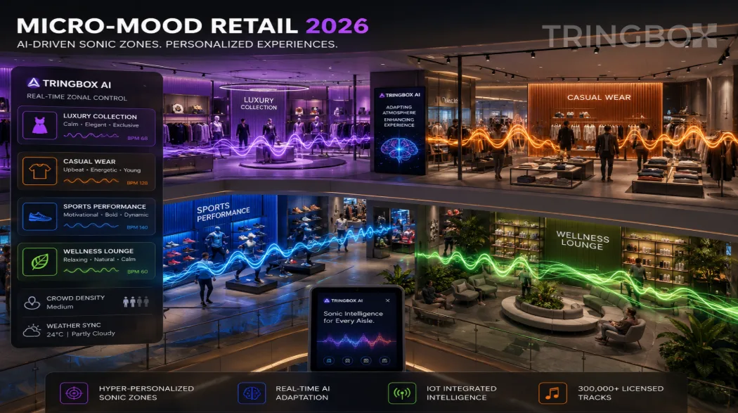 A highly modernized multi-level experiential fashion hub where visible, translucent sound wave visualizations of different colors (e.g., calm purple in luxury, high-energy orange in casual) indicate distinct sensory zones generated by AI.