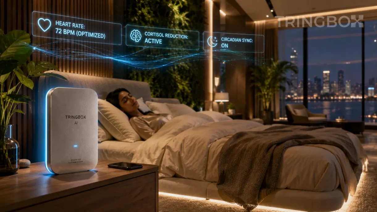 A highly detailed, 16:9 widescreen cinematic photograph of a futuristic premium wellness hotel suite in 2026. A sleek Tringbox Agentic AI sensor hub glows on a minimalist wooden bedside table with holographic data streams showing heart rate optimization.