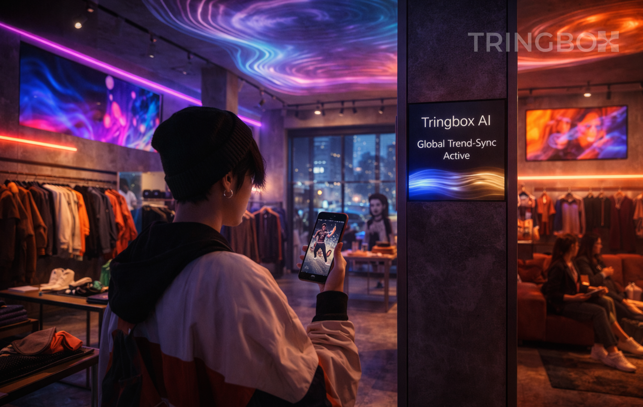 A trendy 2026 streetwear store where holographic TikTok-style UI elements blend with shimmering gold AI sound waves, representing the real-time trend synchronization of Tringbox.