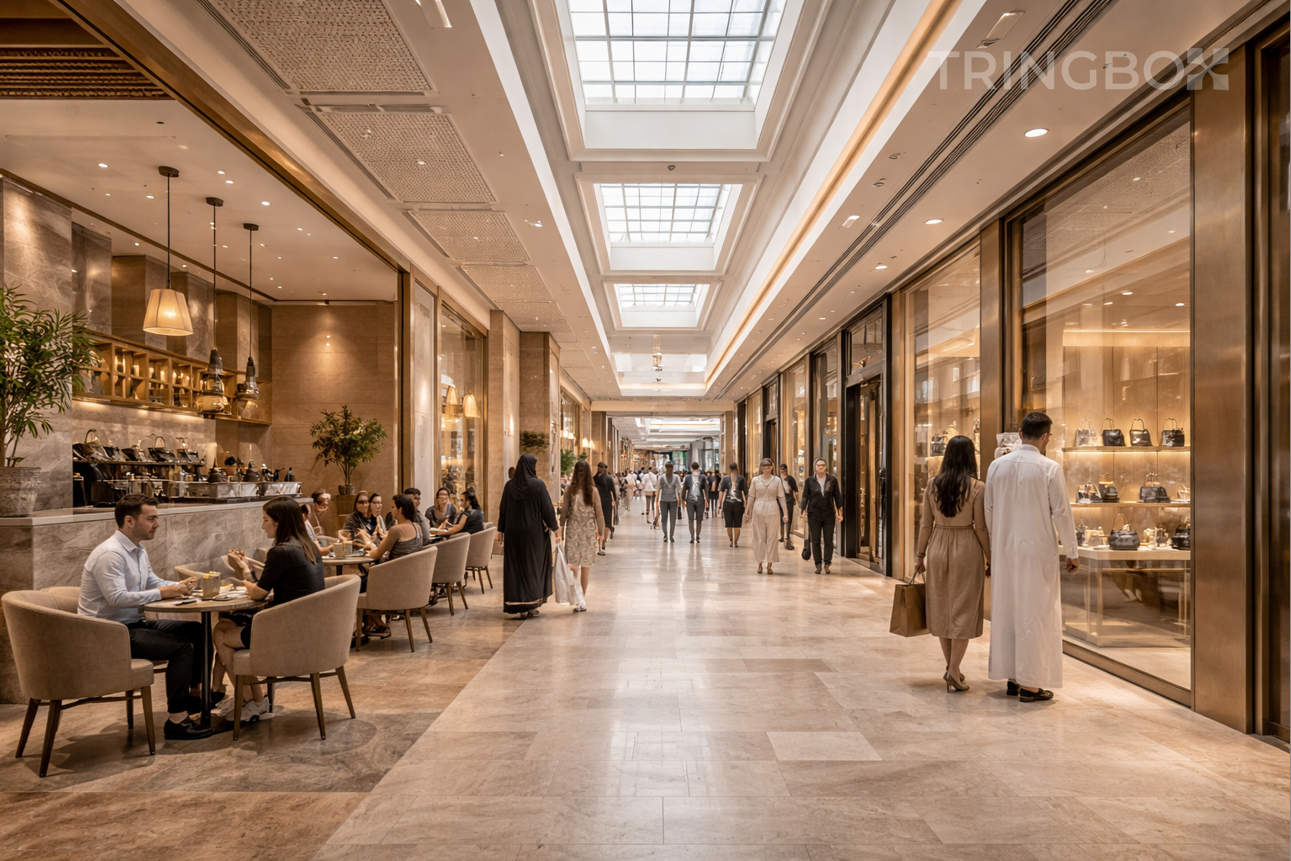 Retail store in Dubai with customers browsing and background music playing