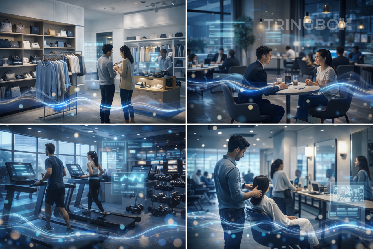 Modern commercial spaces using advanced in-store music providers, highlighting intelligent sound systems like Tringbox