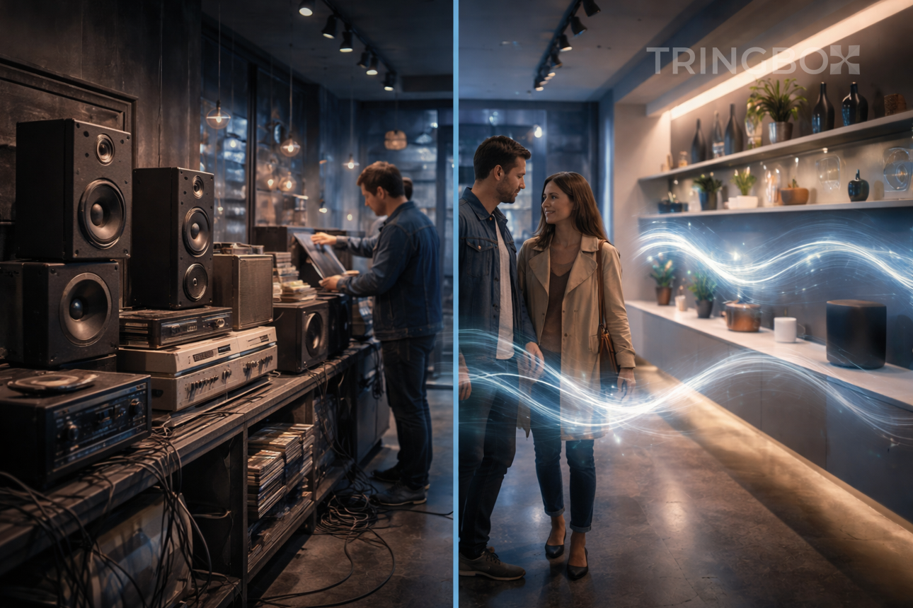 Retail environment transitioning from traditional music systems to AI-driven in-store music technology by Tringbox