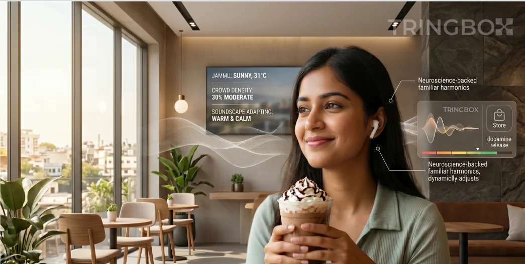 Customers enjoying small treats in a cozy 2026 cafe, enhanced by an AI-curated atmospheric soundscape.