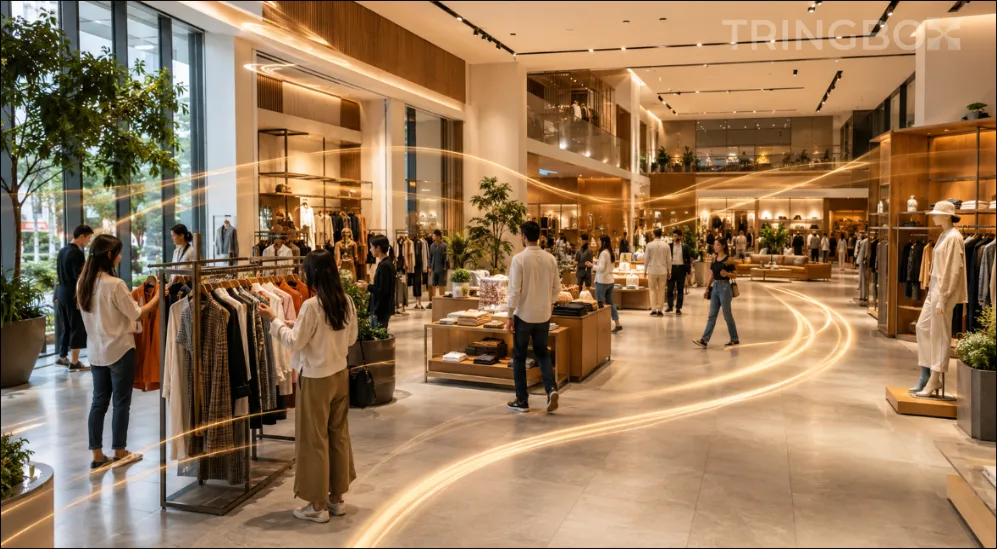A vibrant, premium retail clothing store with shoppers browsing display racks in a comfortable, legally compliant, AI-optimized acoustic atmosphere.