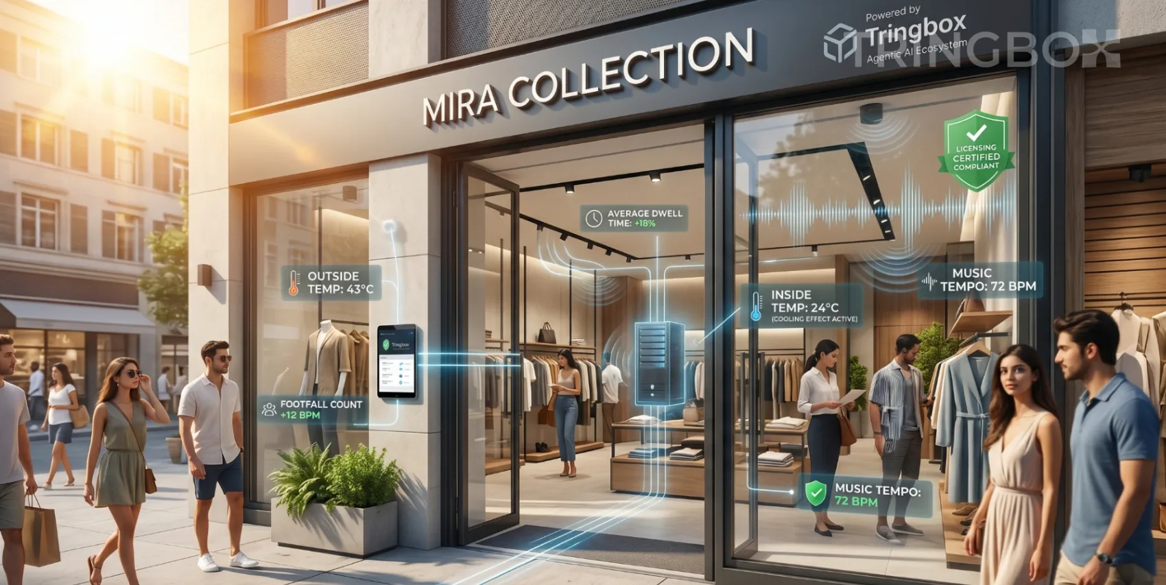 Modern retail storefront utilizing Tringbox Agentic AI for in-store audio architecture