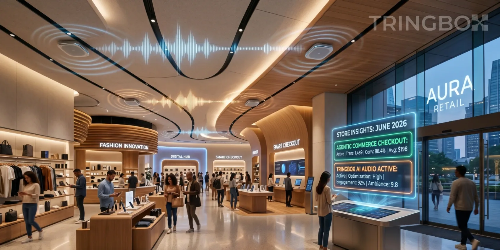 Digital store interface showing real-time agentic commerce AI audio execution