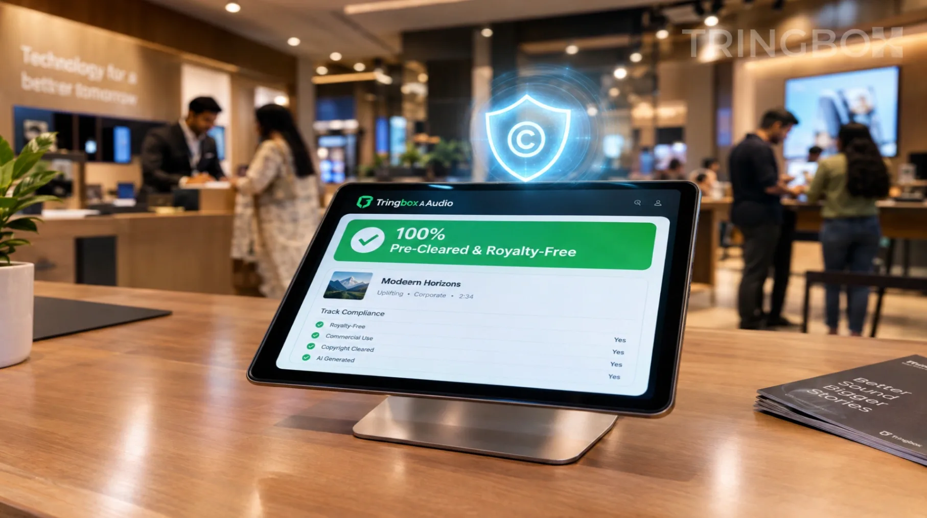 A glowing digital shield protecting a modern retail storefront from legal documents, symbolizing AI copyright safety and enterprise compliance.