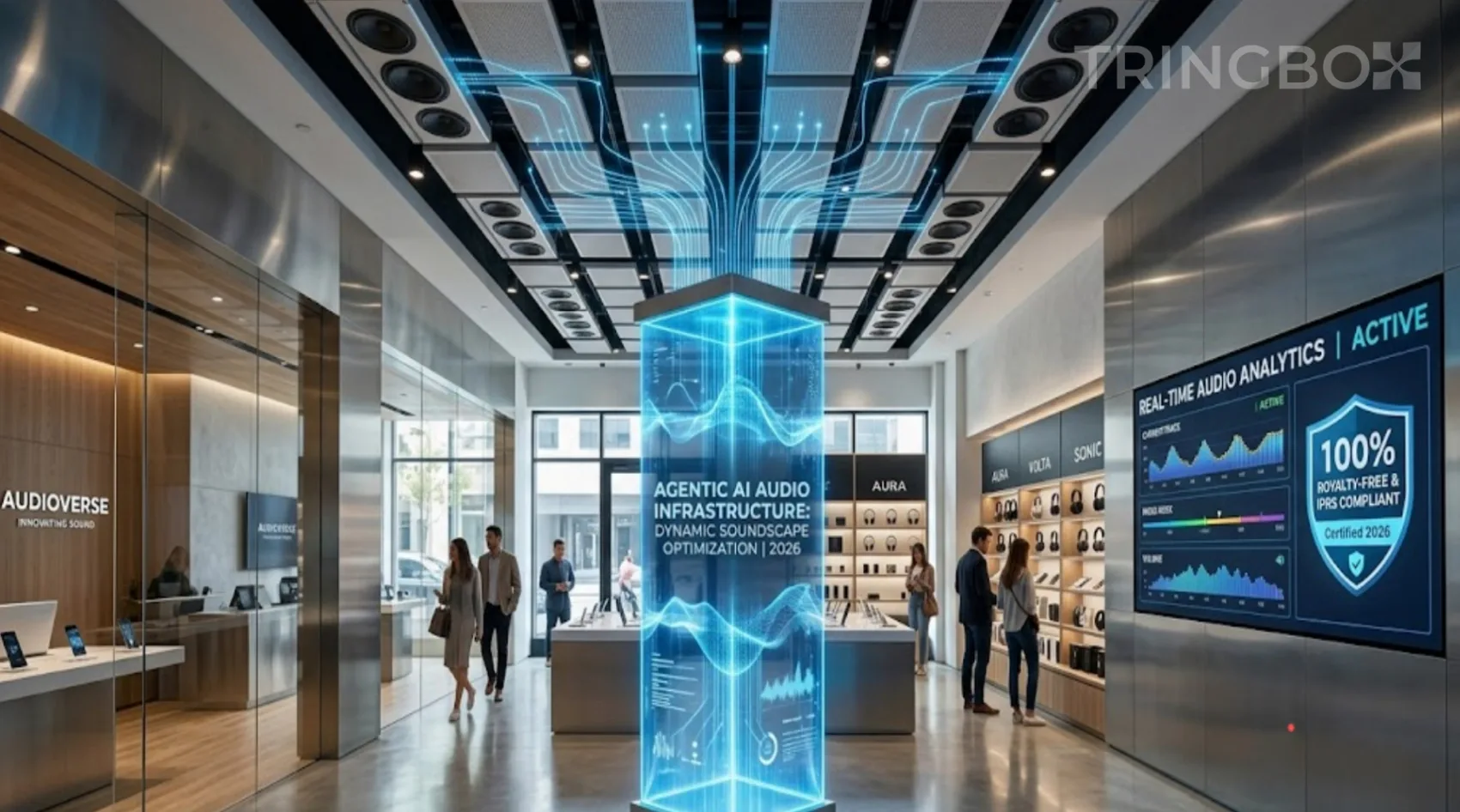 Futuristic retail storefront with holographic AI audio infrastructure and digital compliance displays