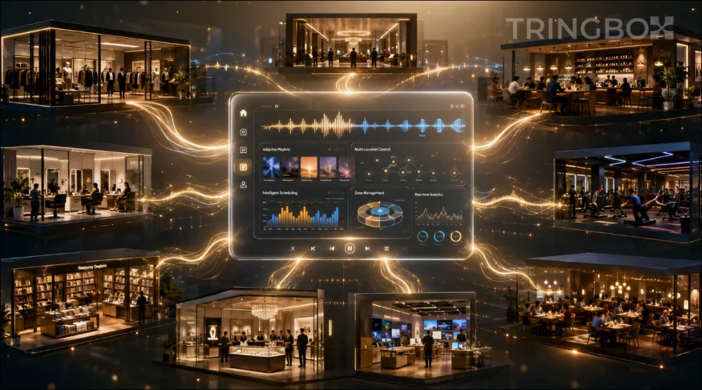 A digital map showing premium commercial storefronts across India seamlessly connected to the centralized Tringbox AI InStore music dashboard.
