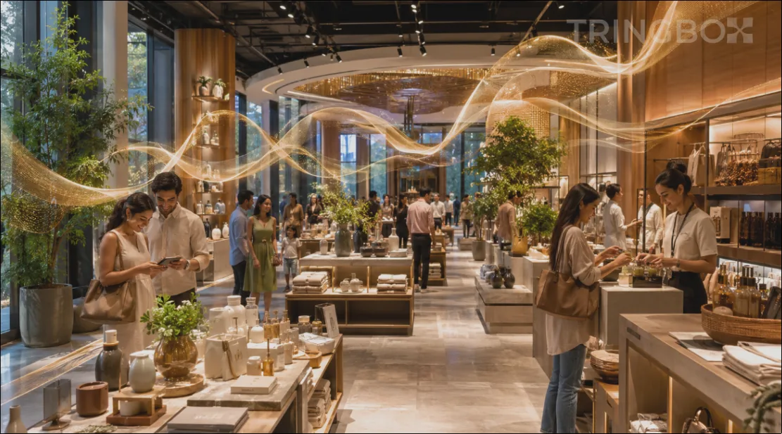 A vibrant, premium retail store operating under an AI-optimized, legally compliant acoustic soundscape from Tringbox.