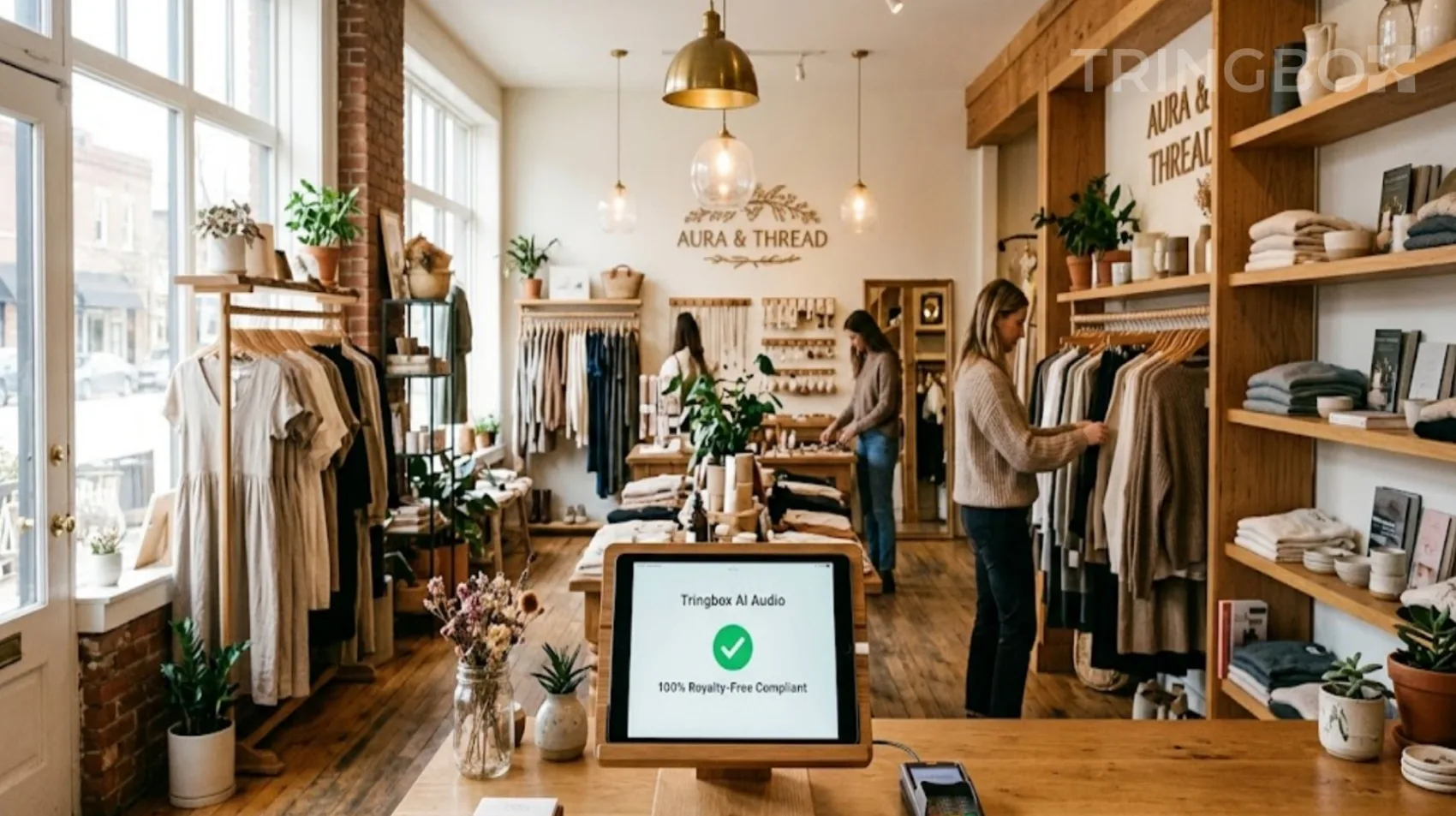 Warm, inviting retail boutique featuring a simple Tringbox digital display for royalty-free music