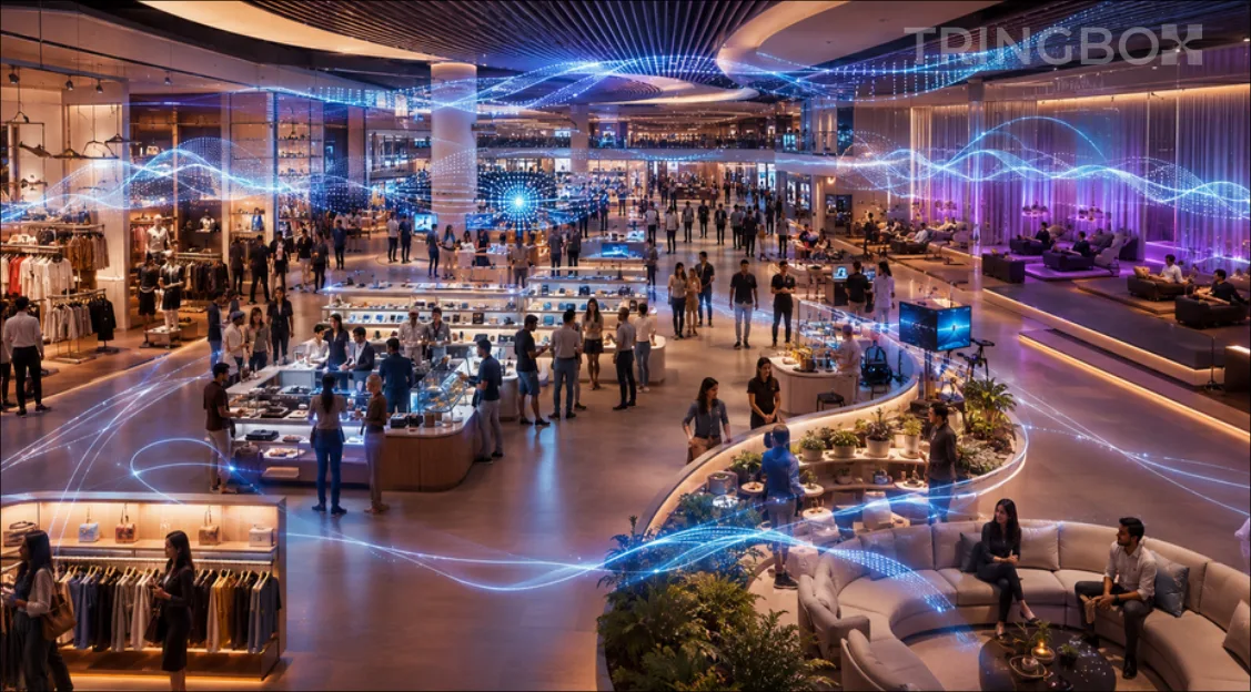 A futuristic retail control dashboard showing Tringbox AI managing thousands of store atmospheres simultaneously with zero hardware.