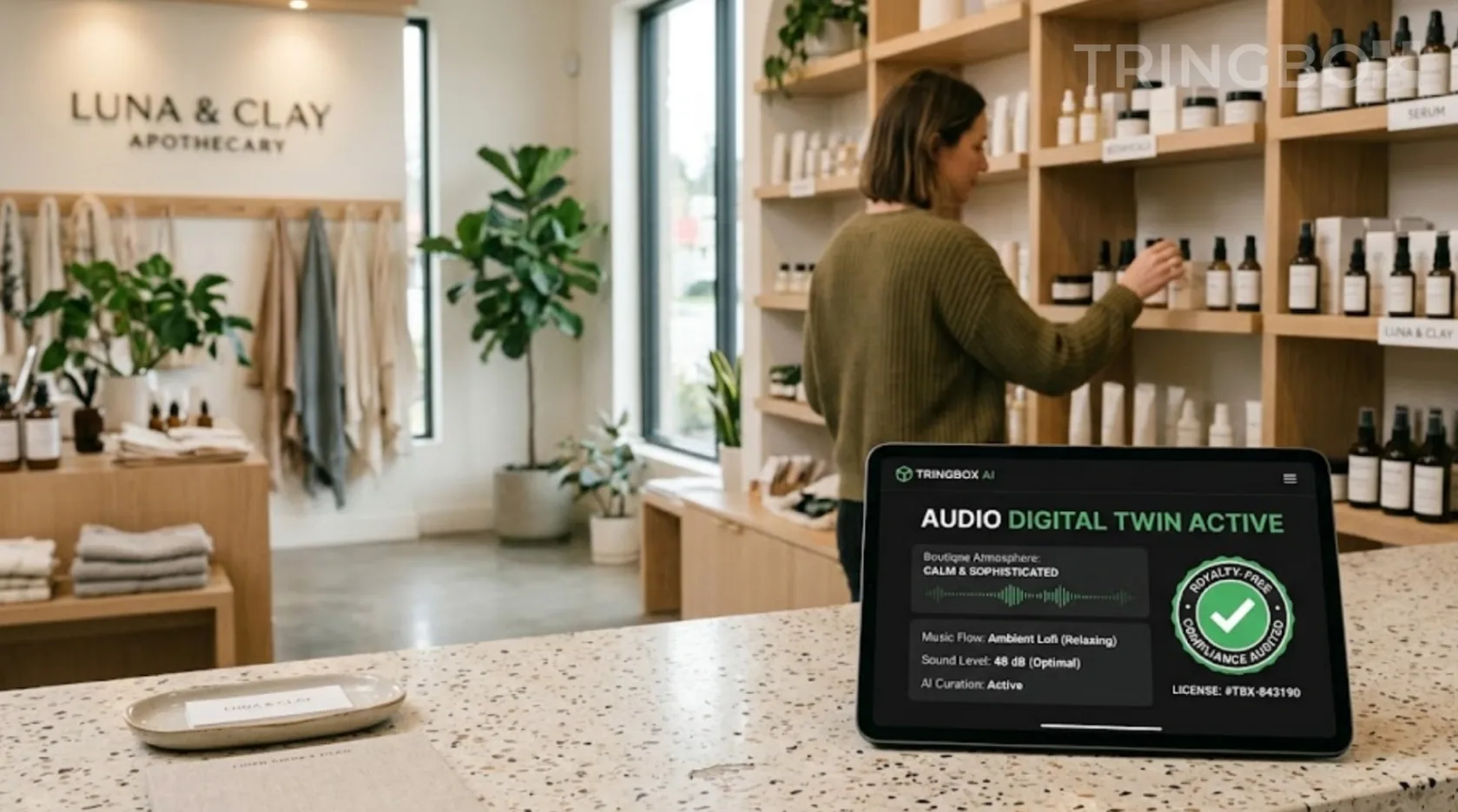 Sleek, modern retail store interior showing a digital tablet running Tringbox Agentic AI for audio management