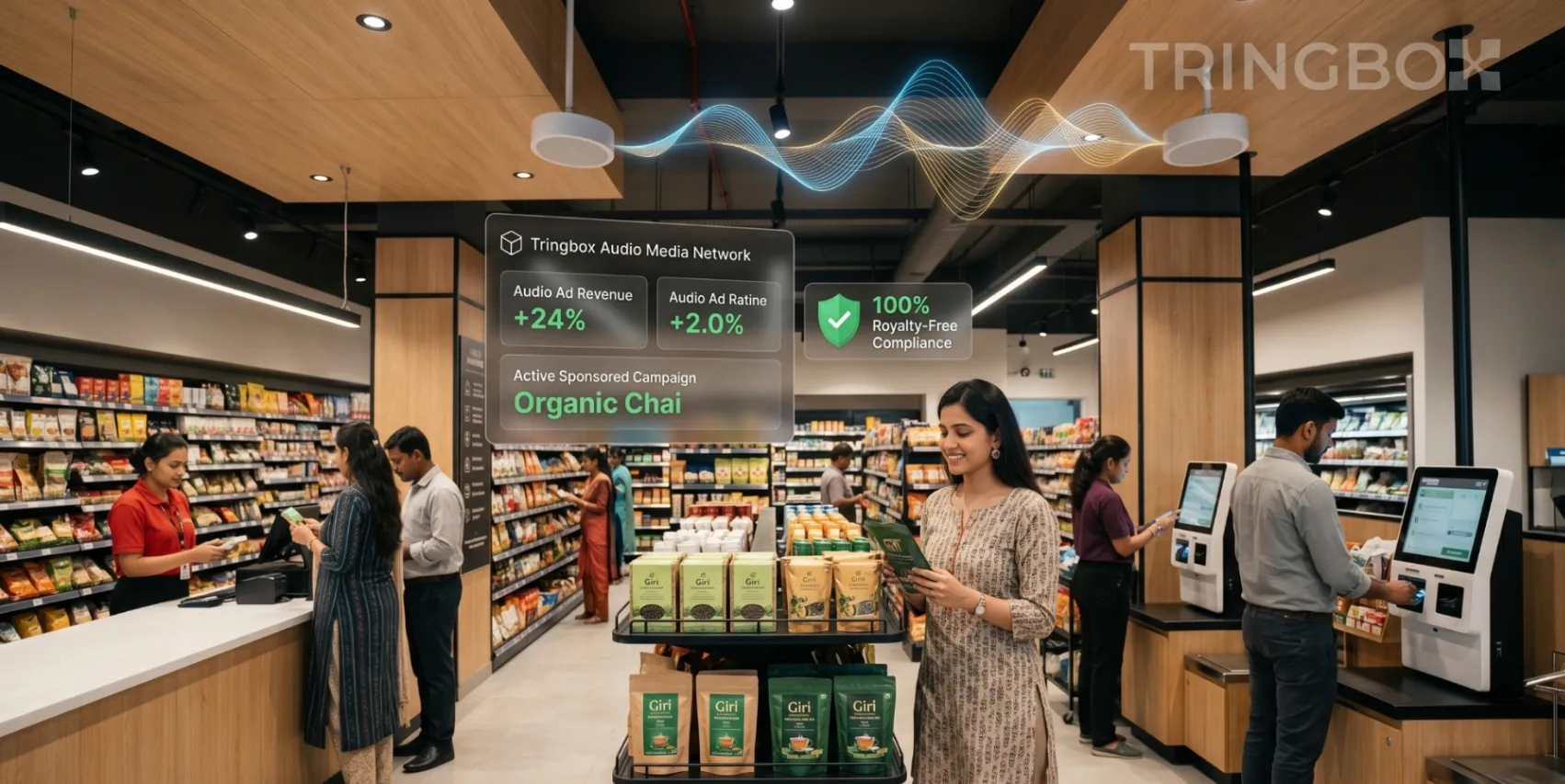 Dashboard visualization of a Retail Media Network managing AI audio ads in-store