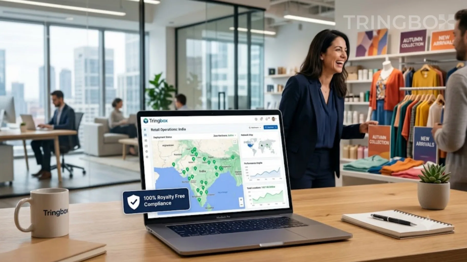 Enterprise retail manager reviewing national Tringbox AI audio deployment on a laptop dashboard