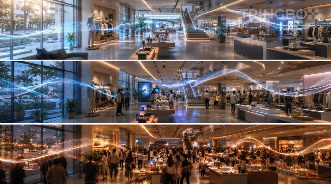 A modern, upscale commercial retail environment showing relaxed shoppers enjoying a perfectly automated sensory experience.