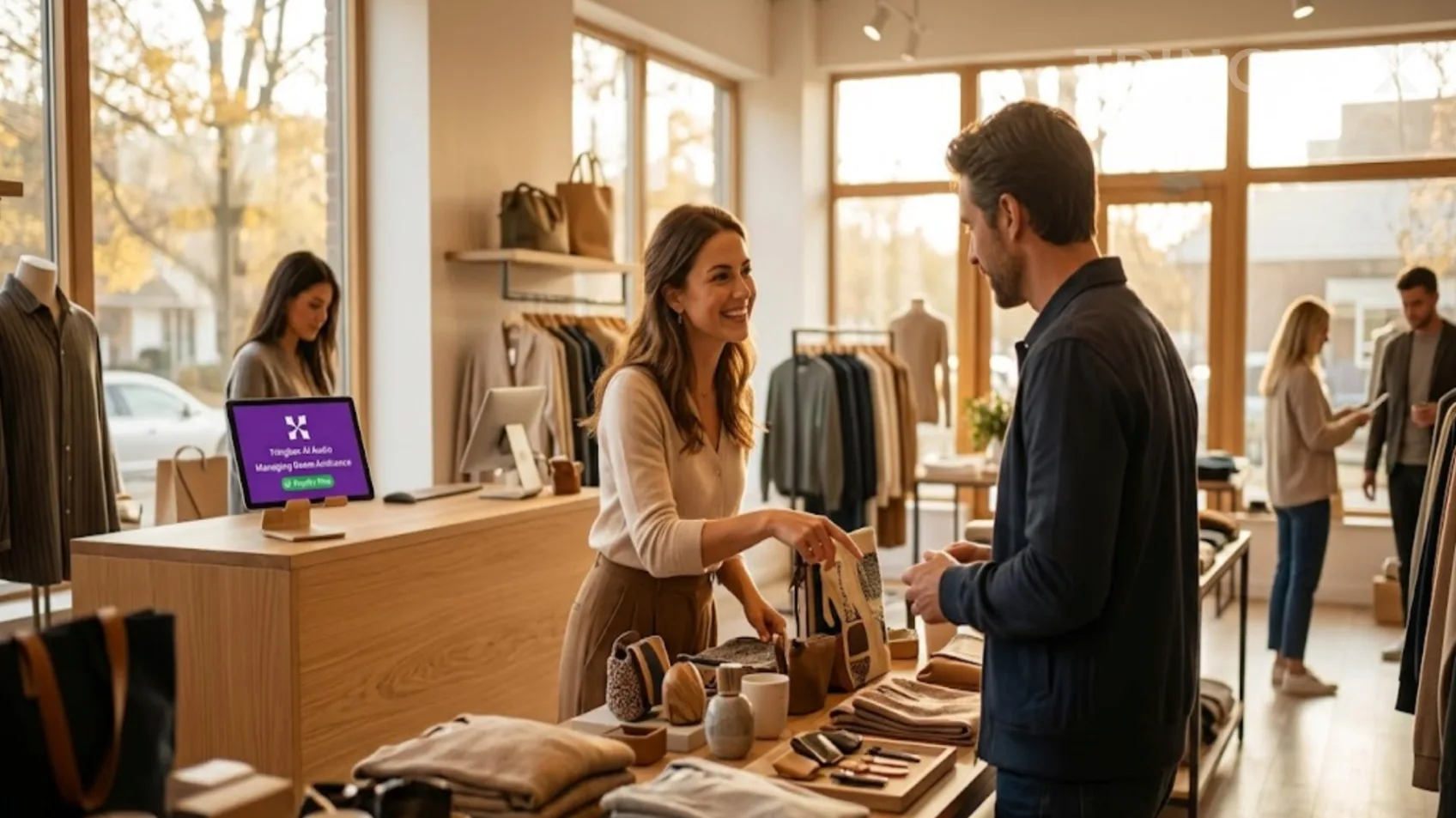 Store associate engaging with a customer in a warm retail environment
