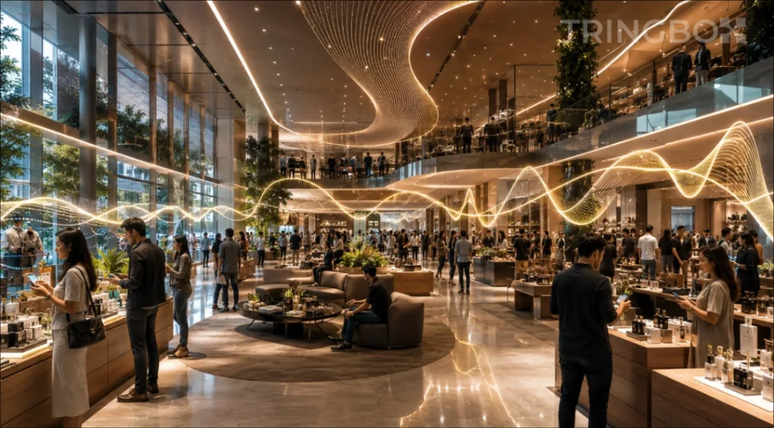 A high-fidelity digital dashboard showing real-time AI audio modulation based on live weather data, inside a sleek corporate retail flagship store.