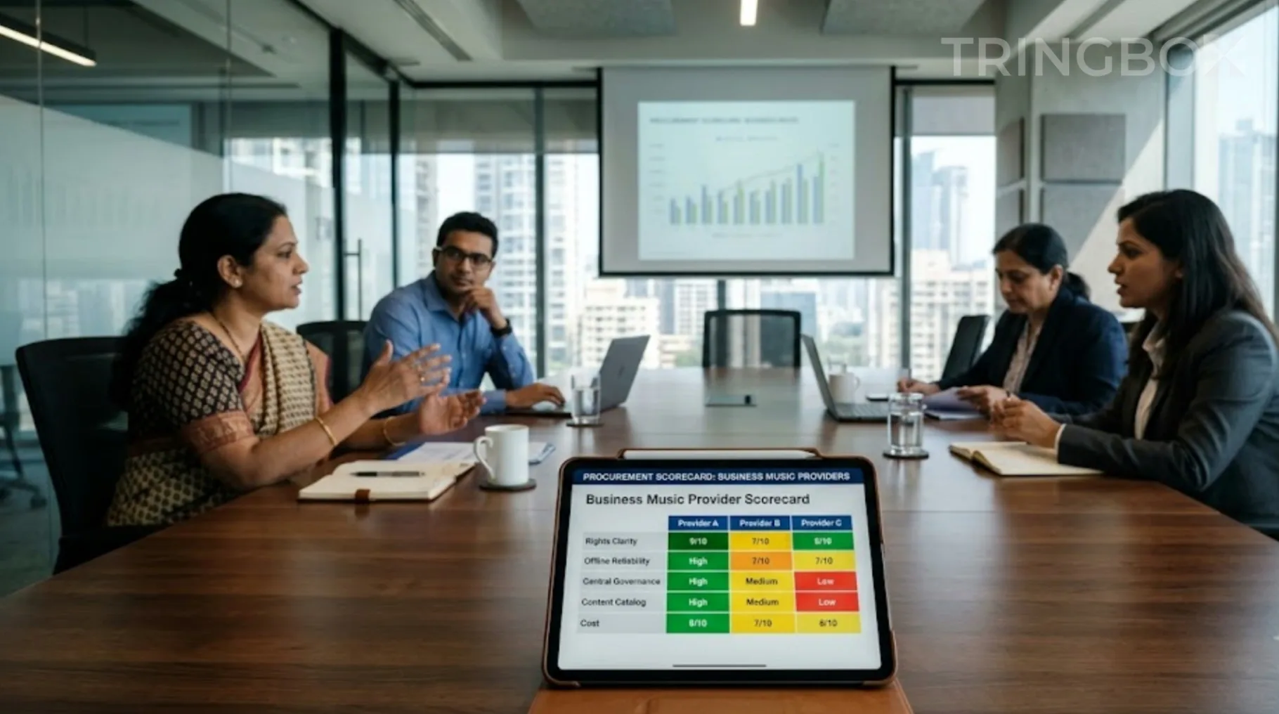 Procurement committee comparing business music provider scorecards on a digital tablet in a corporate meeting room
