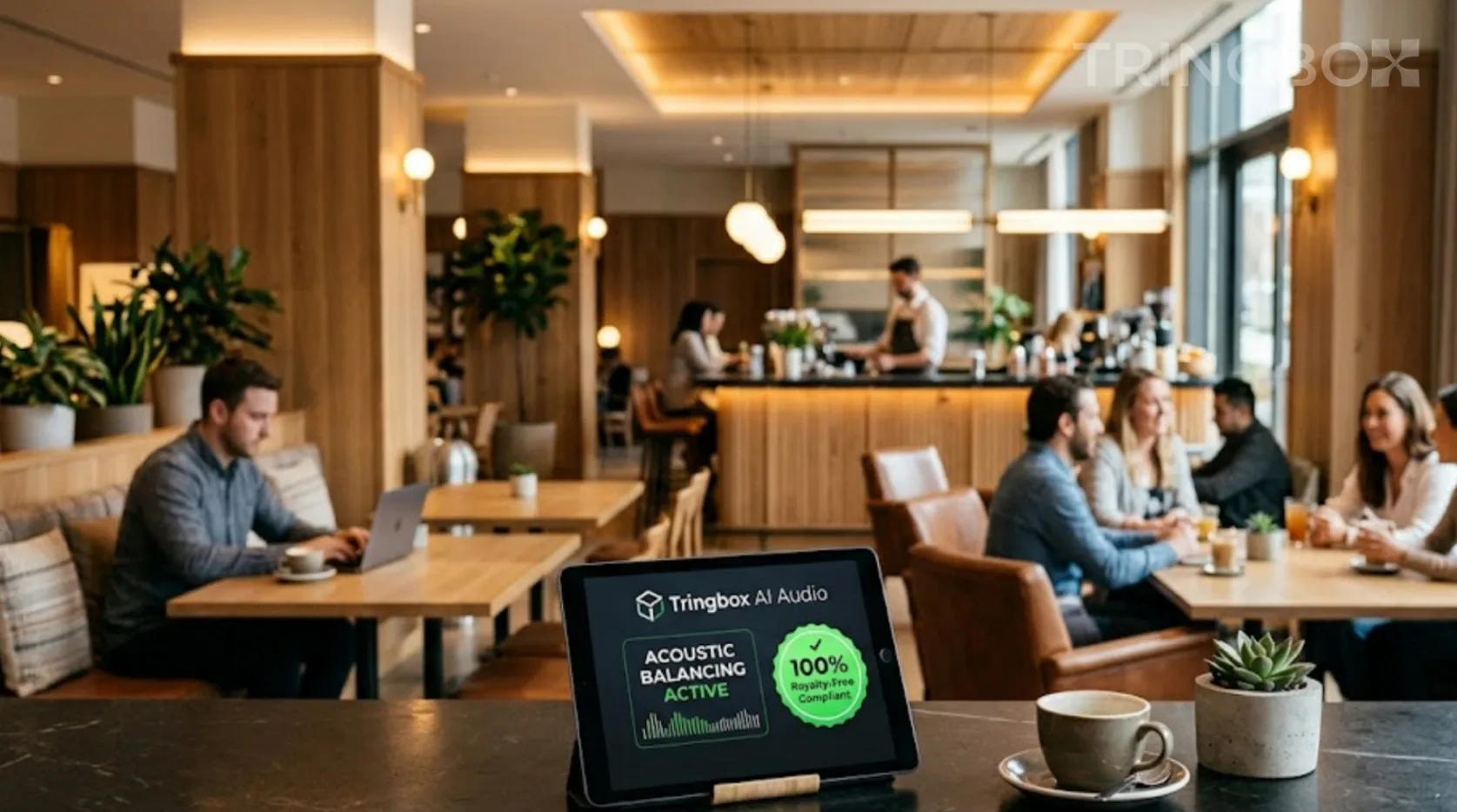 Modern hotel lobby cafe with guests working and relaxing, featuring a Tringbox AI audio tablet