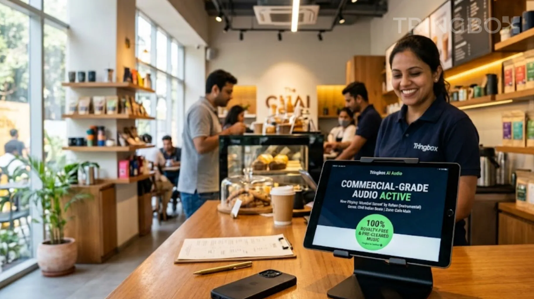 Retail store manager replacing a personal smartphone streaming app with a Tringbox AI audio commercial tablet