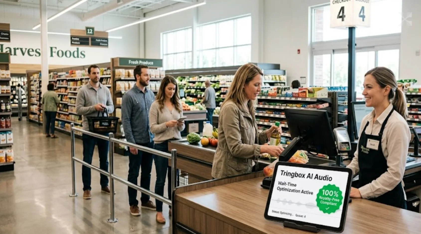 Customers waiting calmly in a checkout line with a Tringbox digital AI audio tablet on the counter