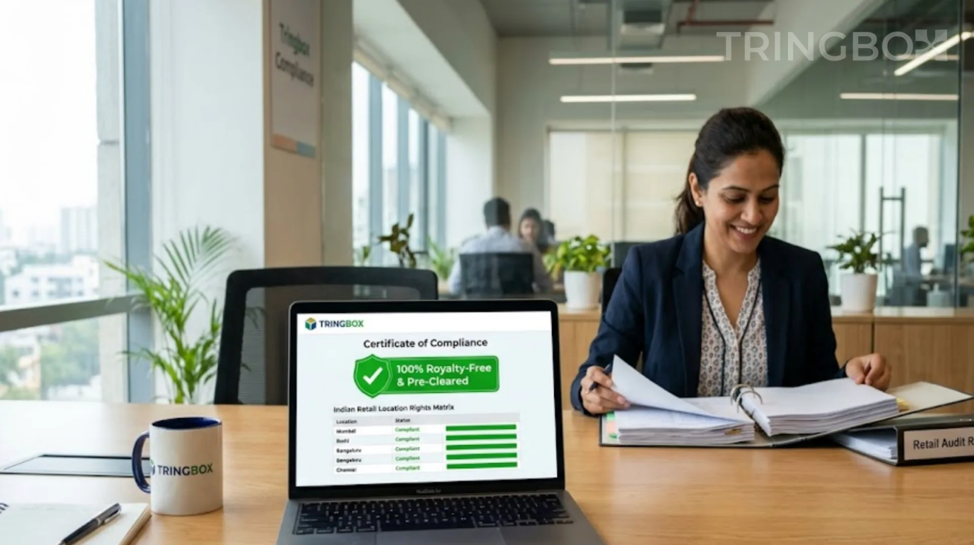 Corporate compliance officer presenting a digital Tringbox Certificate of Compliance on a tablet during an audit
