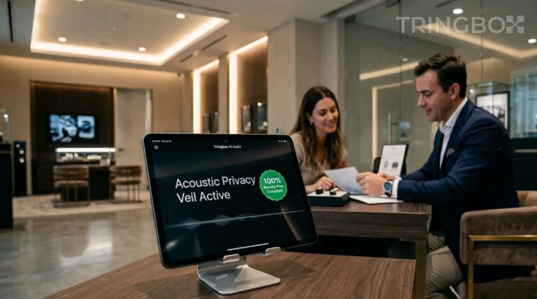 A sales associate having a private consultation with a client in a premium retail environment powered by Tringbox