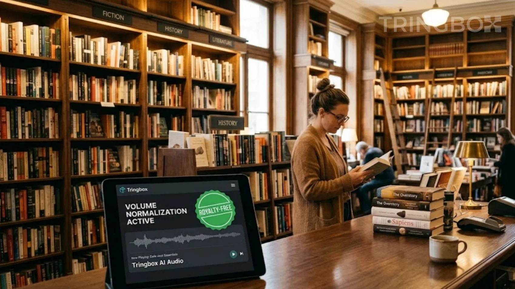 Quiet, elegant bookstore featuring a simple Tringbox digital display managing volume normalization