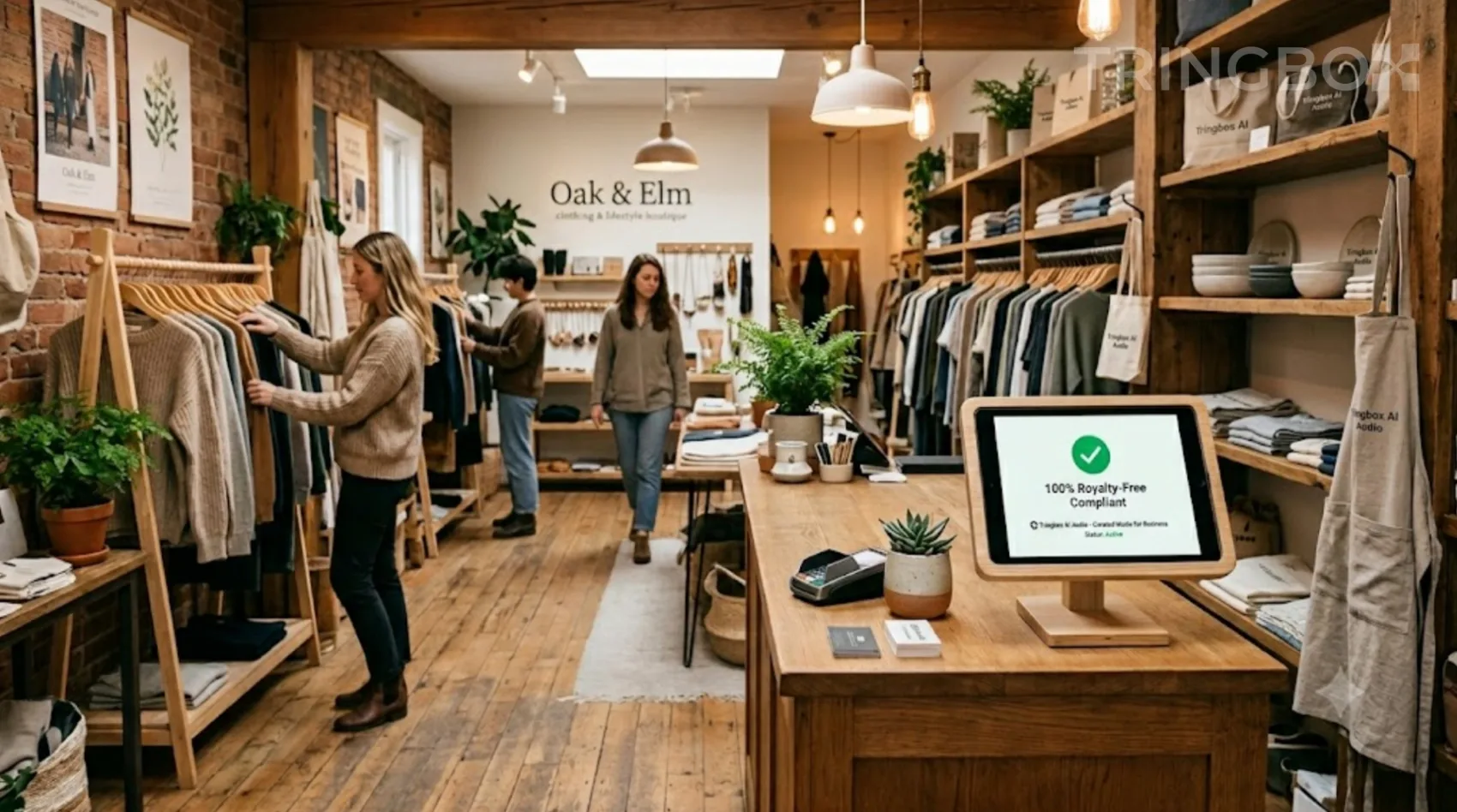 Warm, inviting retail clothing boutique featuring a simple Tringbox digital display for royalty-free AI music