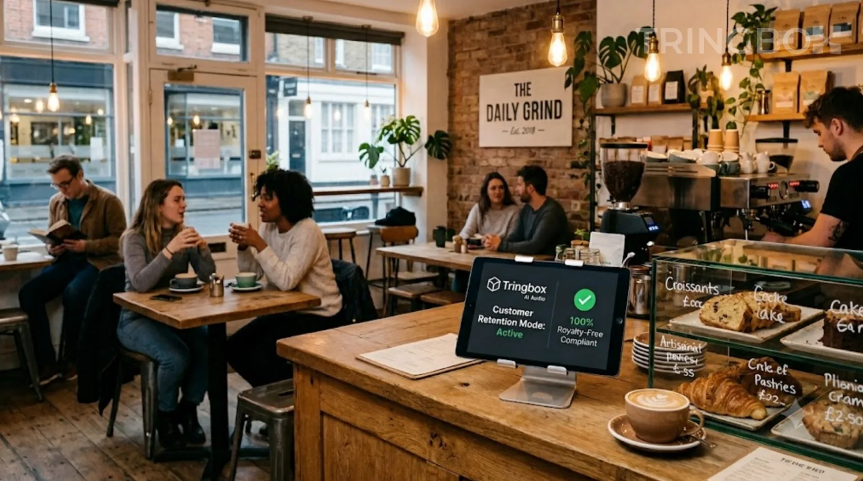 Customers enjoying a relaxing experience in a retail cafe with a Tringbox AI audio tablet visible