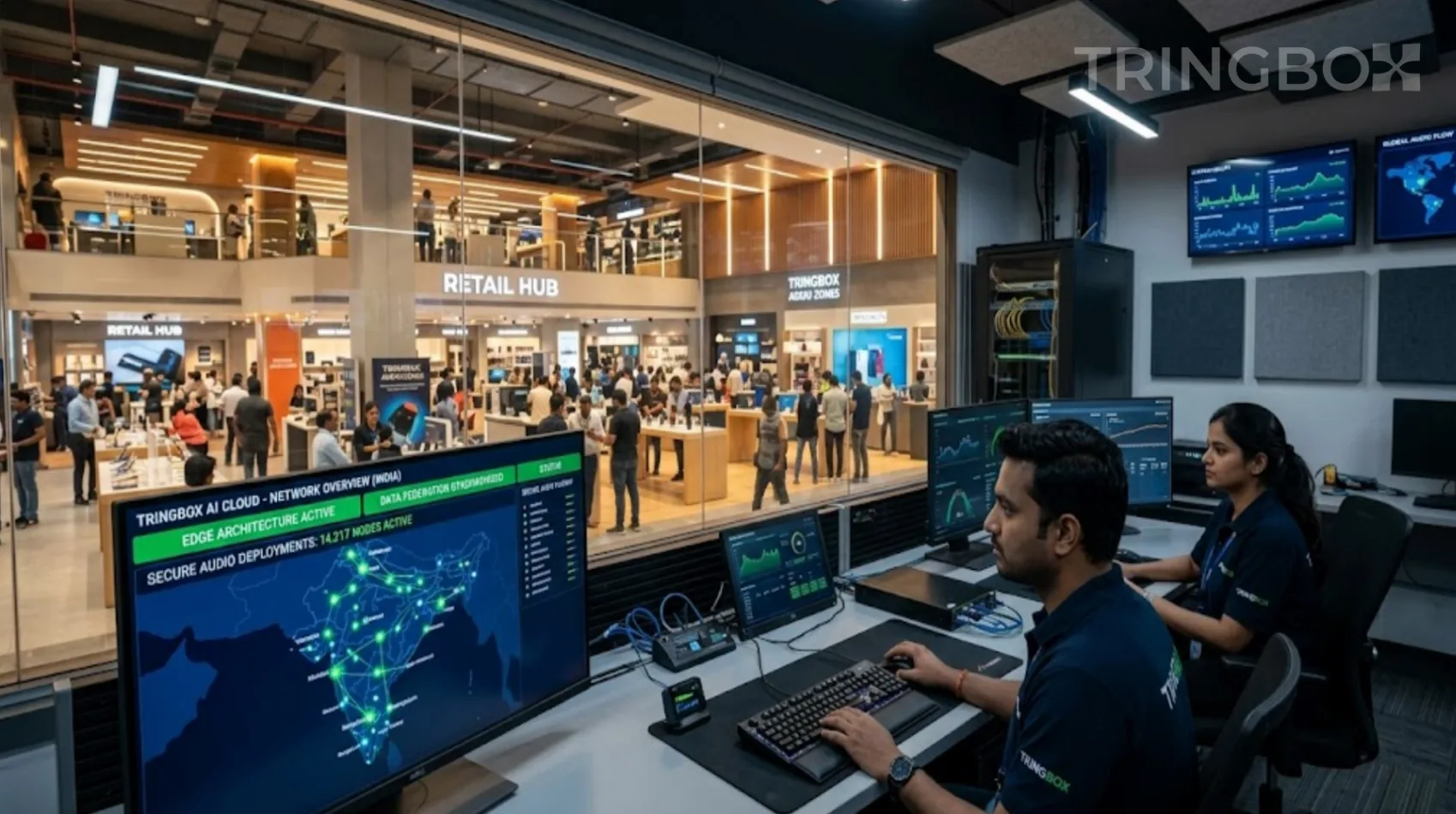 High-tech retail control room displaying secure data federation and Tringbox AI audio deployment across India