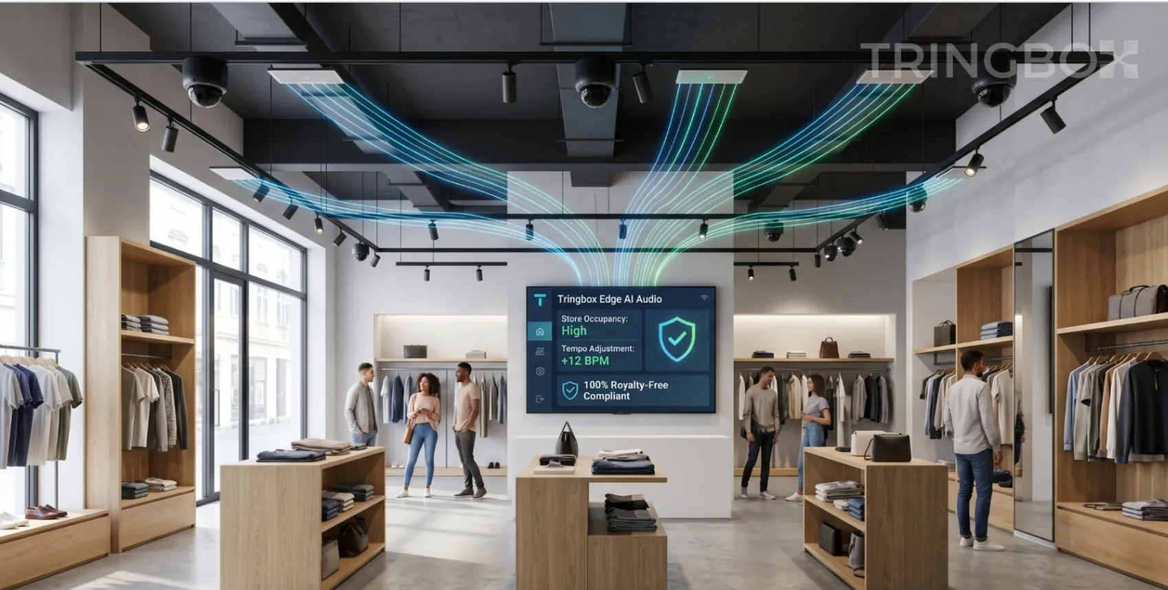 Diagram of edge computing and IoT sensors integrating with Tringbox AI audio in a retail store