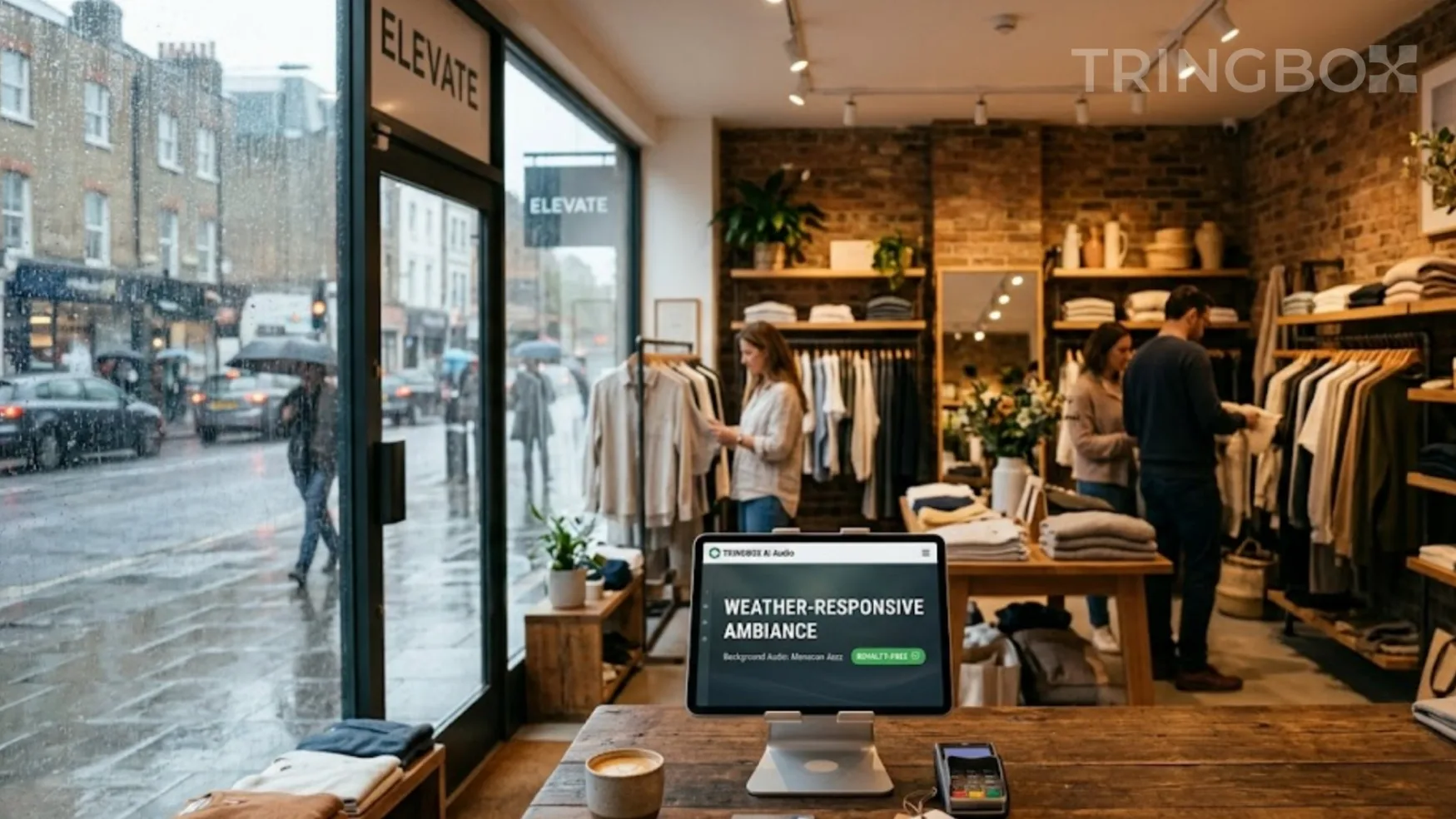 Shoppers browsing comfortably in a well-lit retail store during a rainy July afternoon with Tringbox AI audio