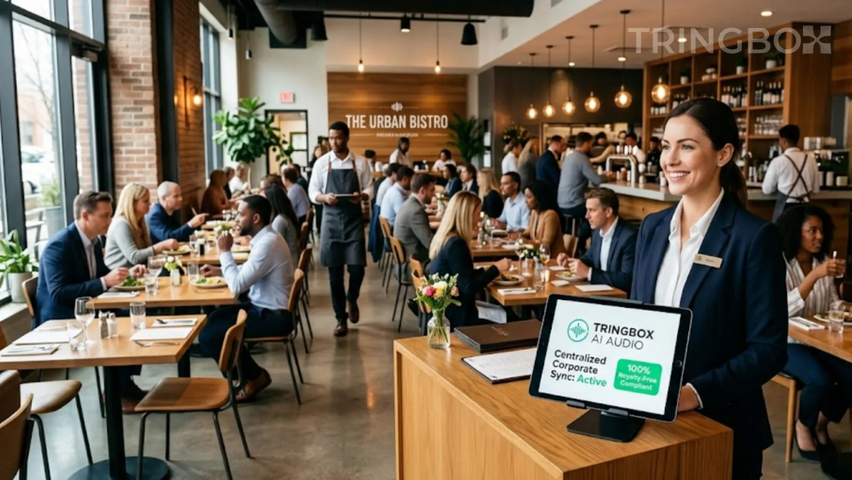 Professional casual dining restaurant with a Tringbox AI audio tablet ensuring centralized brand consistency