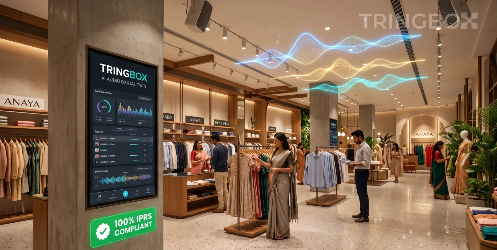 Digital store interface showing real-time AI music execution and compliance status
