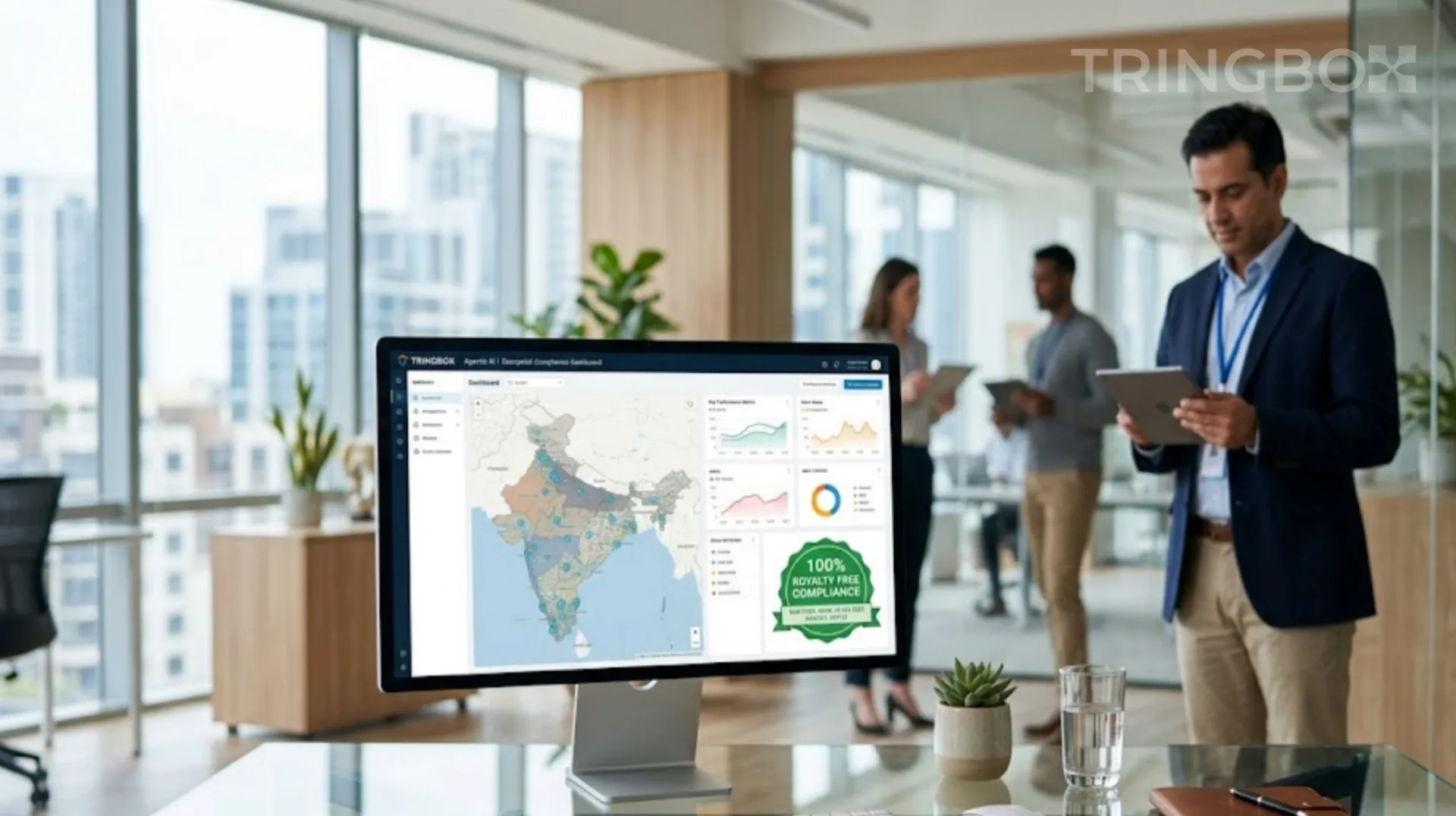 Sleek enterprise headquarters showing a central dashboard controlling unified audio across a national map